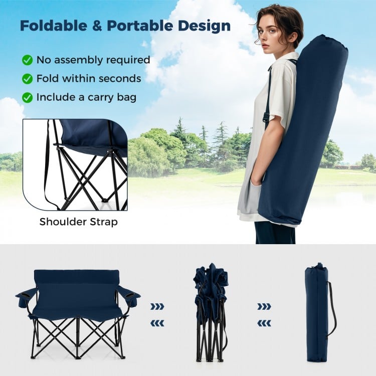 Double Camping Chair 2-Person Outdoor Folding Loveseat with Cup Holders-Blue