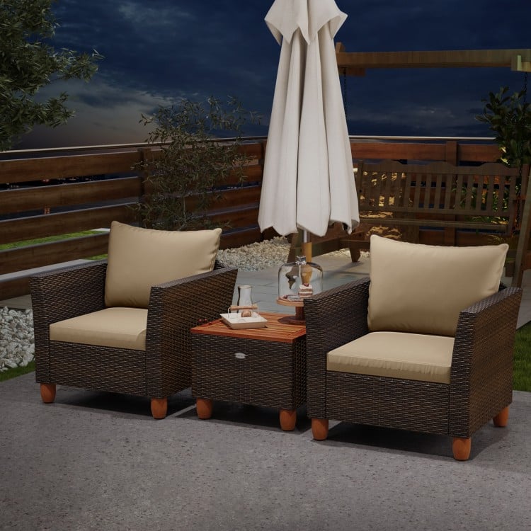 3 Pieces Patio PE Wicker Furniture Set with Cushions and Acacia Wood Storage Coffee Table-Beige