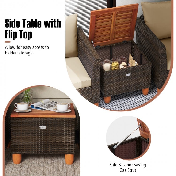 3 Pieces Patio PE Wicker Furniture Set with Cushions and Acacia Wood Storage Coffee Table-Beige