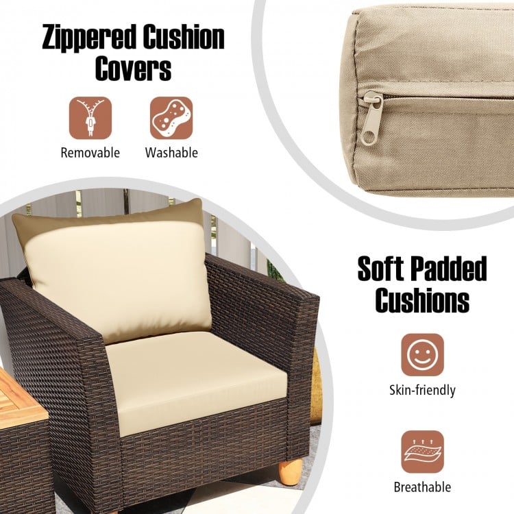 3 Pieces Patio PE Wicker Furniture Set with Cushions and Acacia Wood Storage Coffee Table-Beige