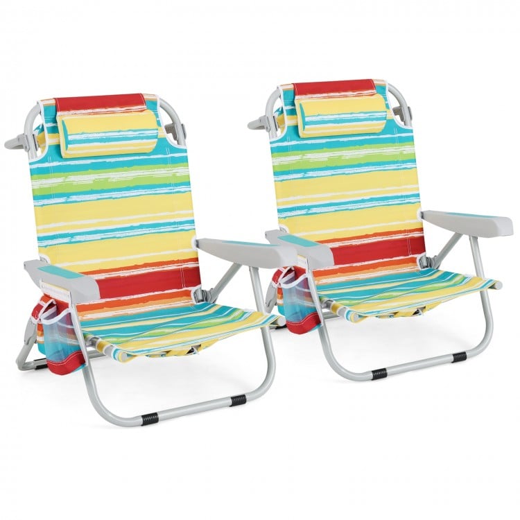 Foldable Backpack Beach Chair with Cup Holder and Storage Pockets Set of 2-Multicolor