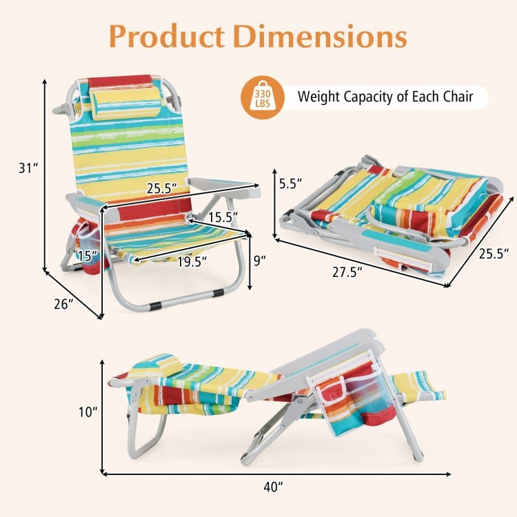 Foldable Backpack Beach Chair with Cup Holder and Storage Pockets Set of 2-Multicolor