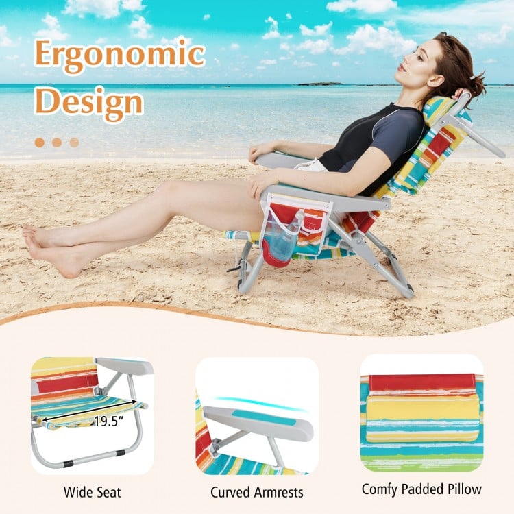 Foldable Backpack Beach Chair with Cup Holder and Storage Pockets Set of 2-Multicolor
