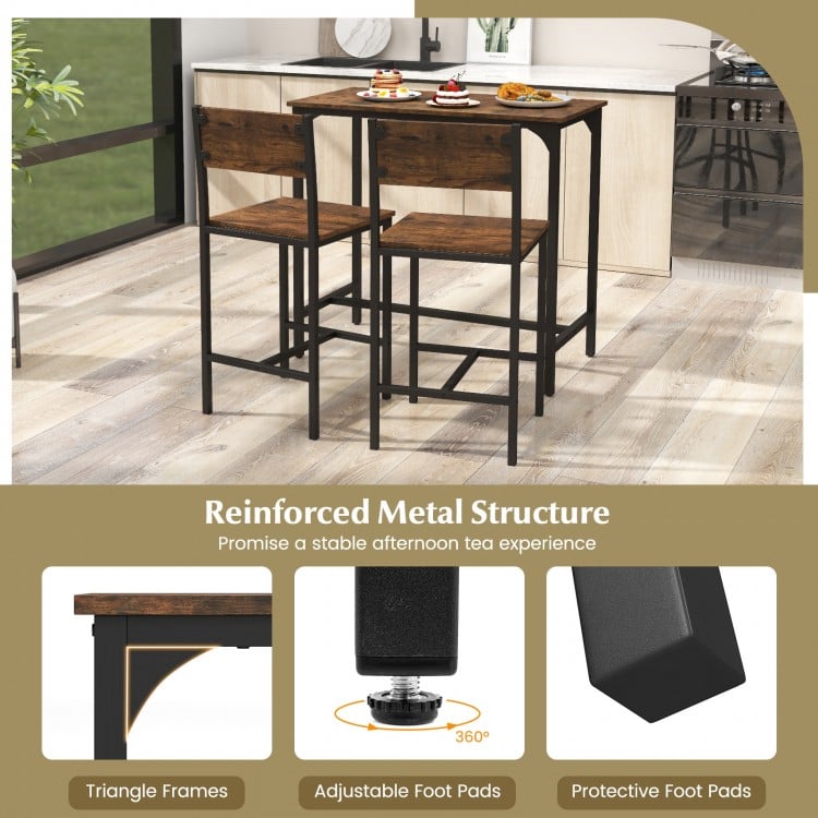 3 Piece Bar Table Set with Backrest and Footrest for Small Space-Rustic Brown