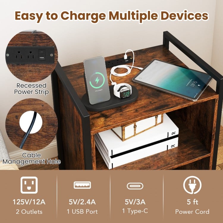 Mobile Record Player Stand with Power Outlet-Rustic Brown