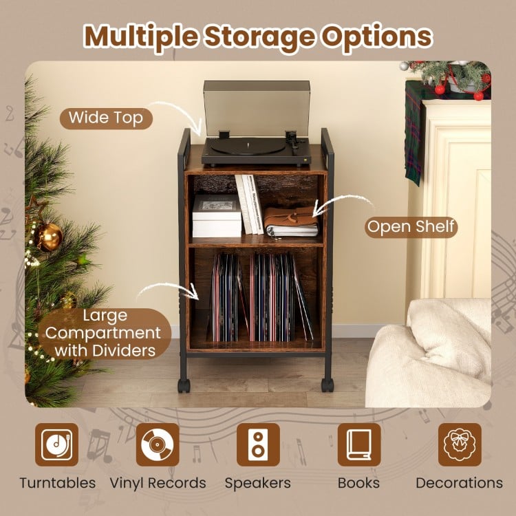 Mobile Record Player Stand with Power Outlet-Rustic Brown