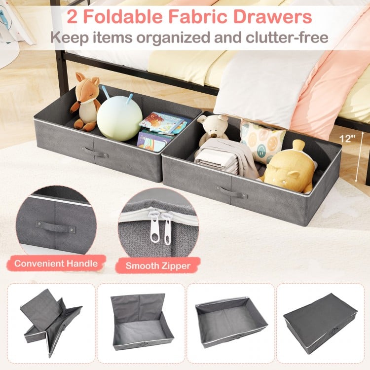 Full Size Metal House Bed with 2 Fabric Drawers for Kids-Black