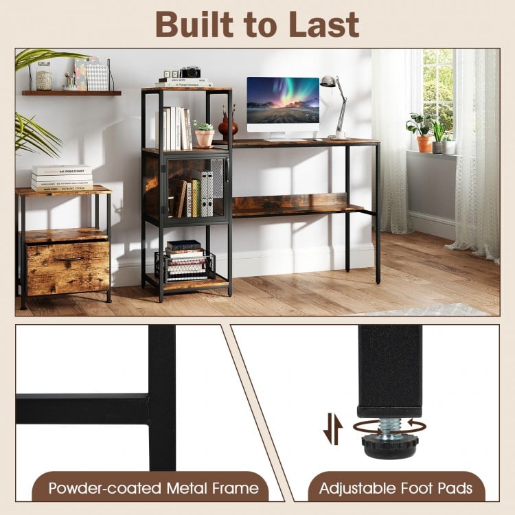 Computer Desk with Bookshelf Home Office Desk with Storage Cabinet and Shelves-Rustic Brown