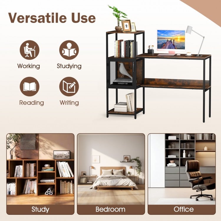 Computer Desk with Bookshelf Home Office Desk with Storage Cabinet and Shelves-Rustic Brown