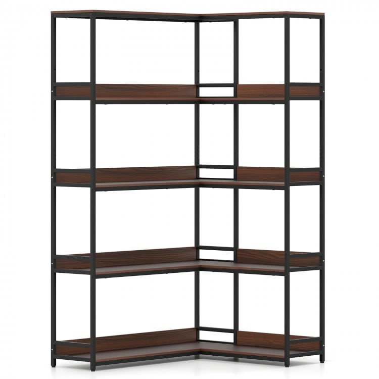 Corner Bookshelf 5-Tier L-Shaped Bookcase Etagere Bookshelf with Metal Frame-Walnut