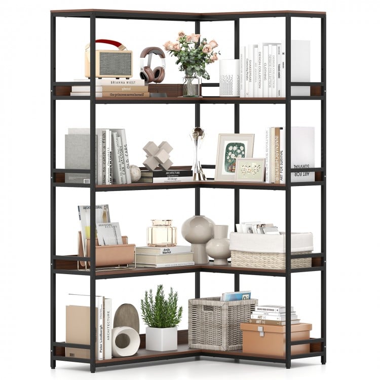 Corner Bookshelf 5-Tier L-Shaped Bookcase Etagere Bookshelf with Metal Frame-Walnut