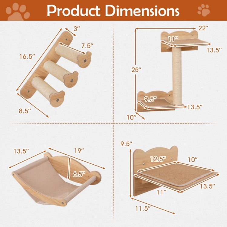 Cat Wall Furniture Set of 4 with Hammock 2-step Cat Tree and Perch-Natural