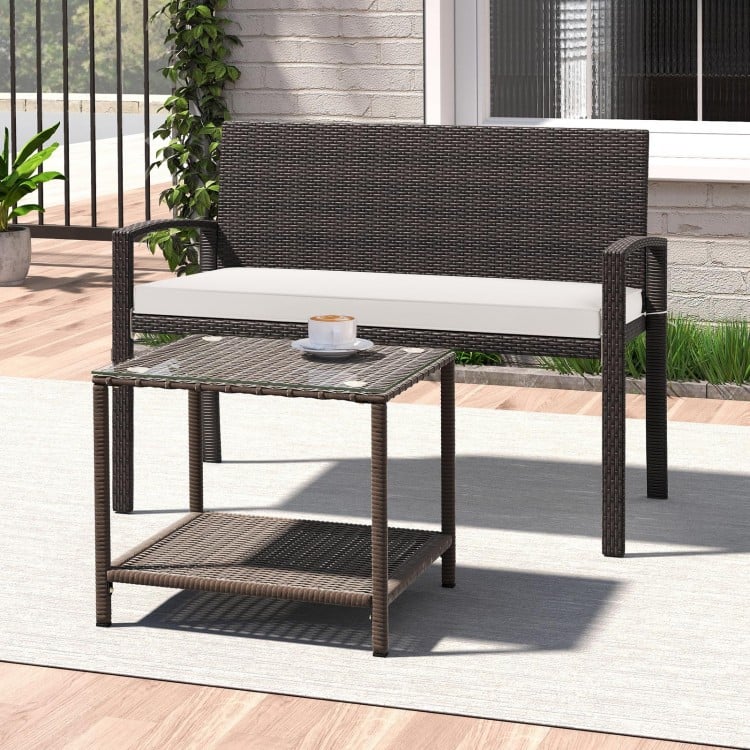 Wicker 2-Seat Bench with Soft Seat Cushion and Metal Frame-White