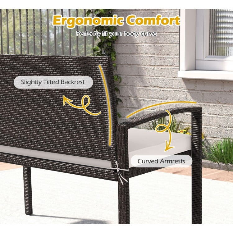 Wicker 2-Seat Bench with Soft Seat Cushion and Metal Frame-White
