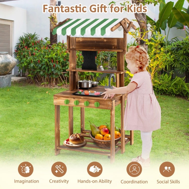 Double-Sided Mud Kitchen with Canopy and Chalkboard for 3+ Years Old-Natural