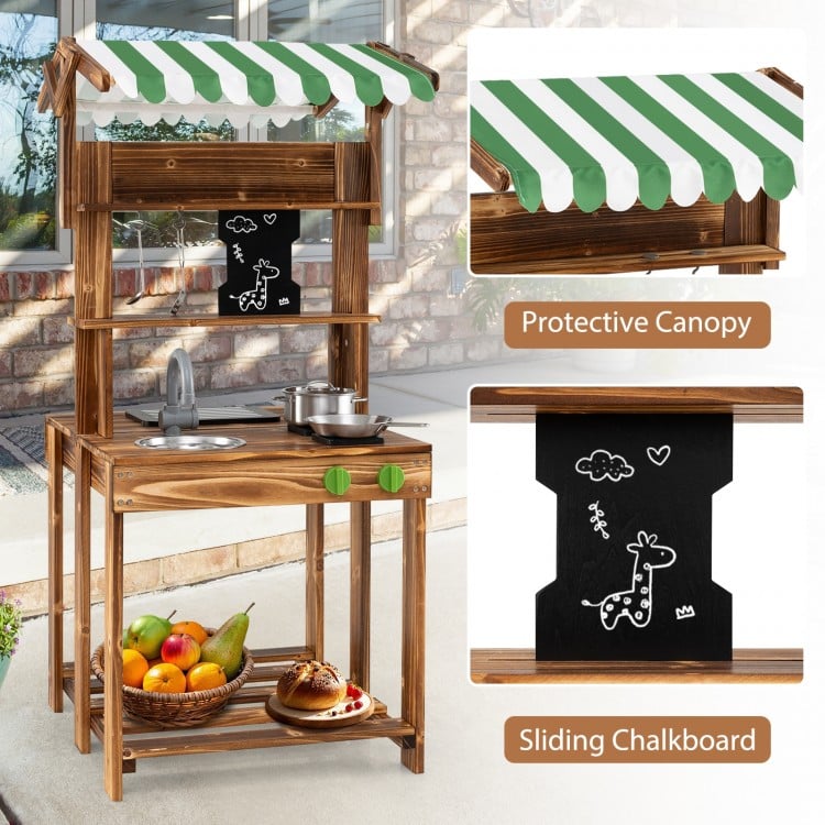 Double-Sided Mud Kitchen with Canopy and Chalkboard for 3+ Years Old-Natural
