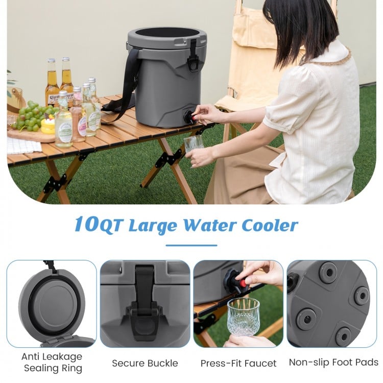 10 QT Drink Cooler Insulated Ice Chest with Spigot Flat Seat Lid and Adjustable Strap