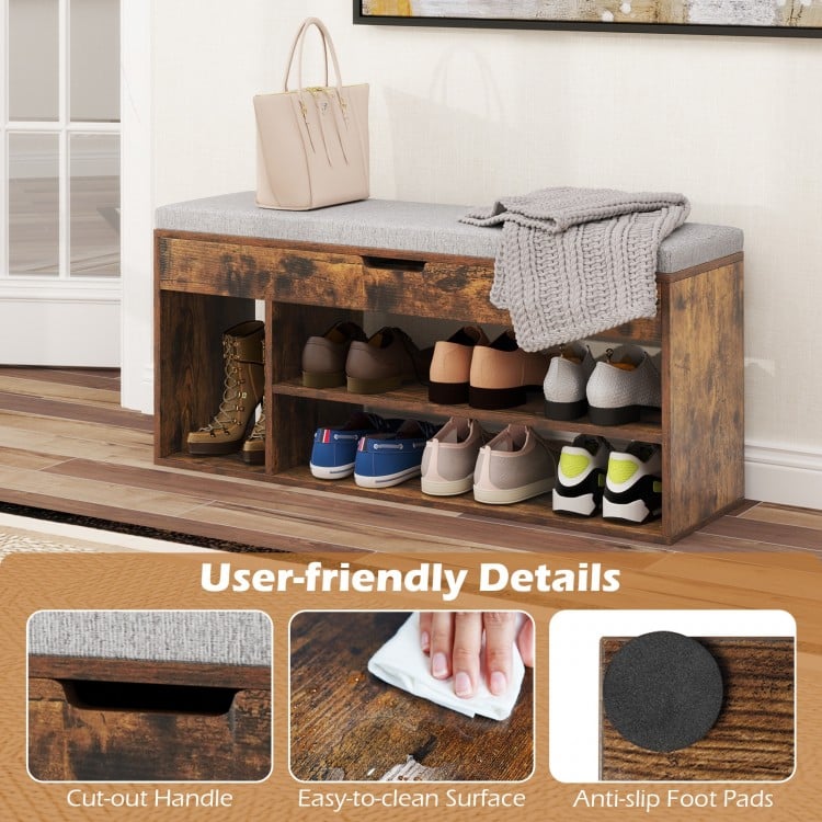 Padded Seat Shoe Bench with Hidden Storage and 3 Open Shelves-Coffee