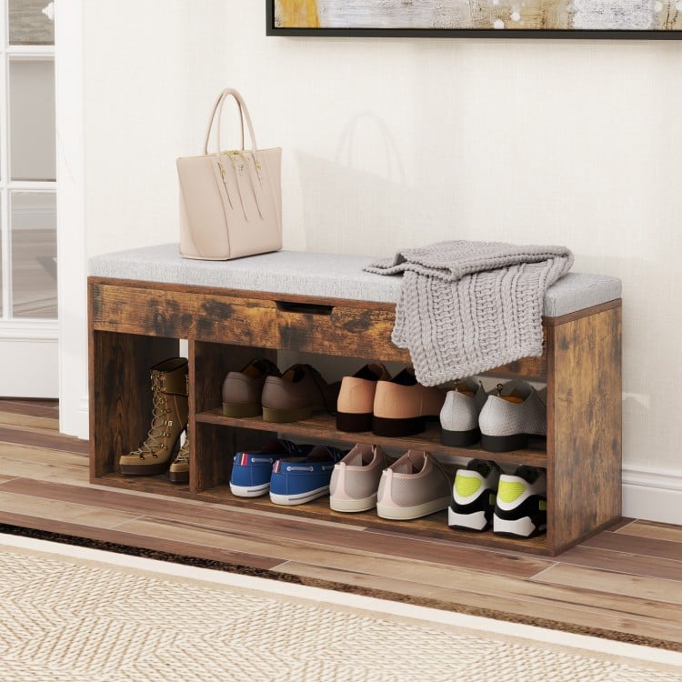 Padded Seat Shoe Bench with Hidden Storage and 3 Open Shelves-Coffee