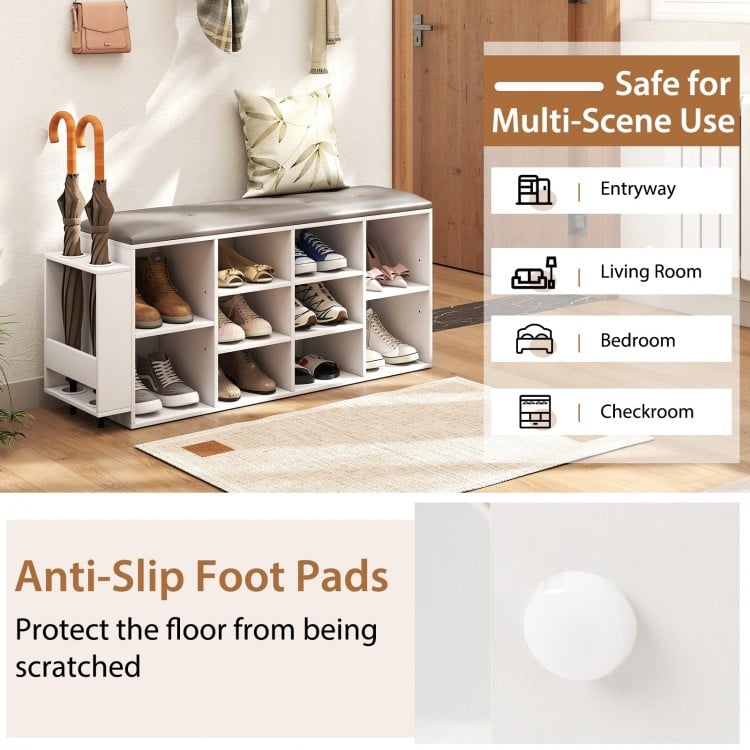 Shoe Storage Bench with Umbrella Stand and Adjustable Shelf-White