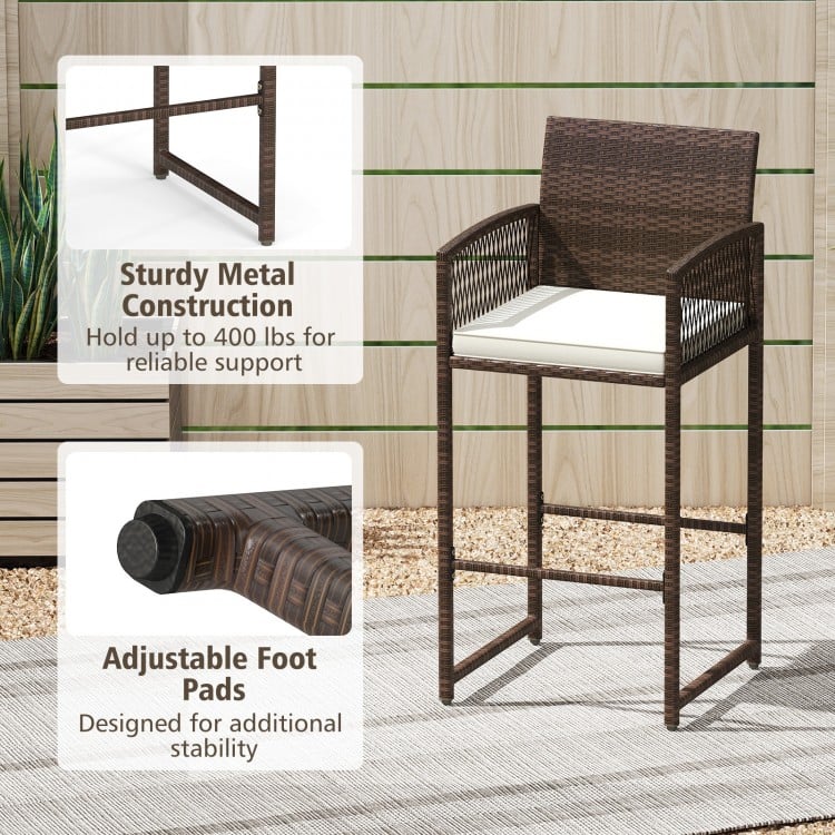 Outdoor PE Wicker Bar Stools Set of 2 Patio Bar Height Chairs with Cushions-White