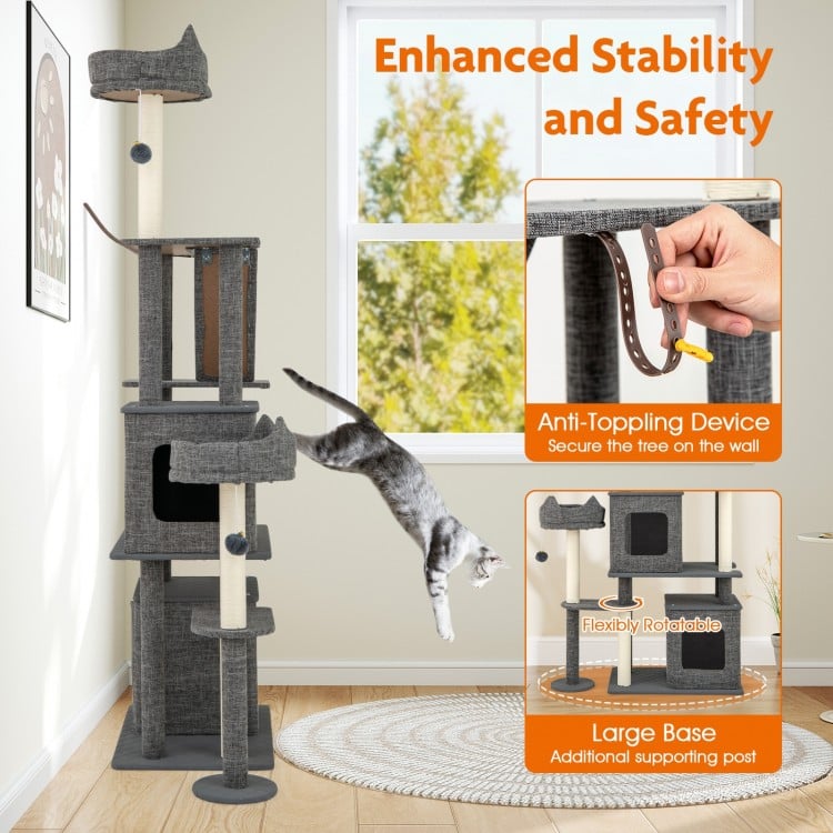 71 Inch Tall Cat Tree Multi-Level Large Cat Tower with Scratching Posts-Grey