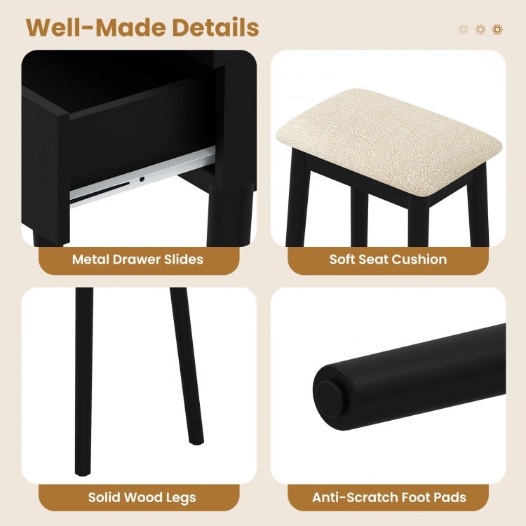 Small Vanity Makeup Dressing Table Set with Cushioned Stool and LED Lighted Mirror-Black