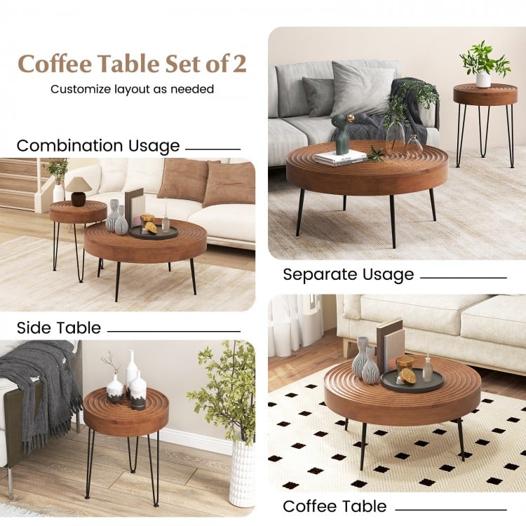 Set of 2 Solid Wood Ring Pattern Farmhouse Round Coffee Tables-Brown