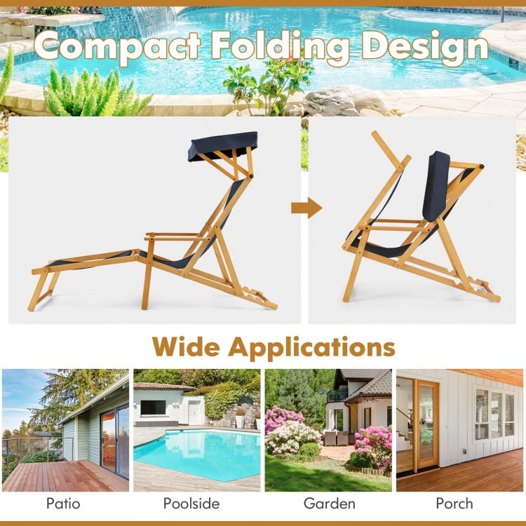 Birch Wood Chaise Lounge Chair Foldable Beach Chair with Adjustable Canopy-Navy