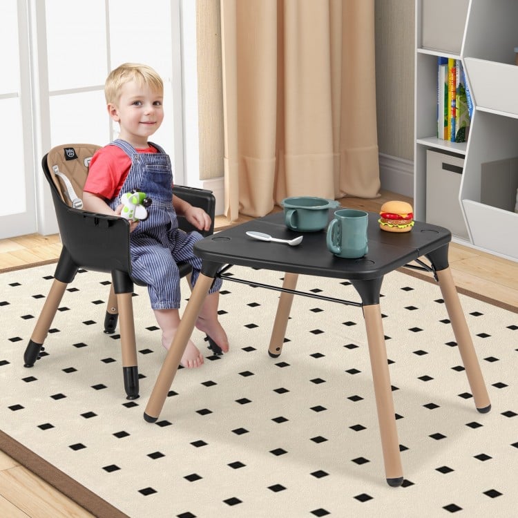 4-in-1 Baby Convertible Toddler Table Chair Set with PU Cushion-Brown