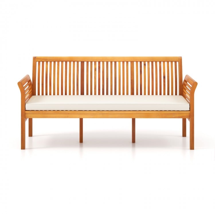 62.5 Inches Patio 3-Seat Wood Bench with Soft Seat Cushions-White