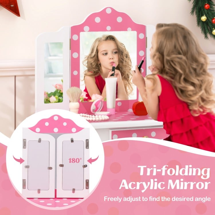 Princess Pretend Play Makeup Dressing Table with Cute Polka Dot Print-Pink