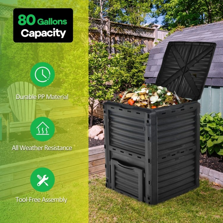 80-Gallon Outdoor Composter with Large Openable Lid and Bottom Exit Door-Black