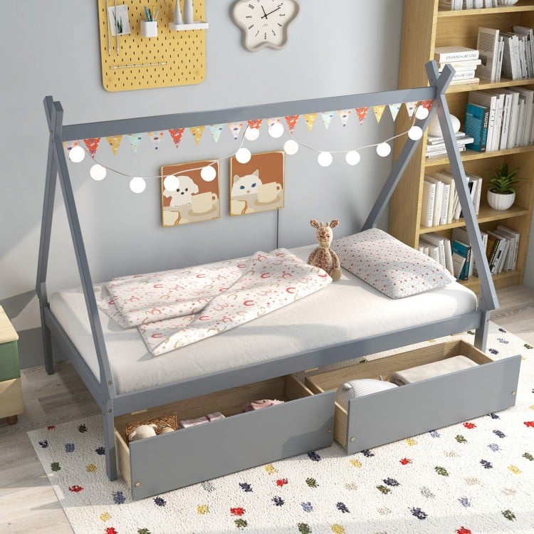 Twin Size Wooden Tent Platform House Bed with 2 Drawers-Gray