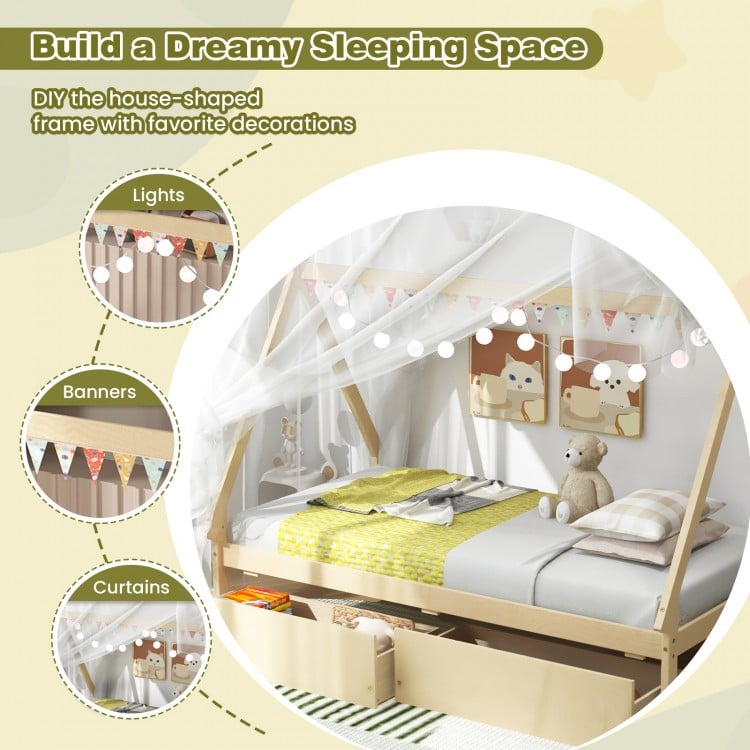 Twin Size Wooden Tent Platform House Bed with 2 Drawers-Natural