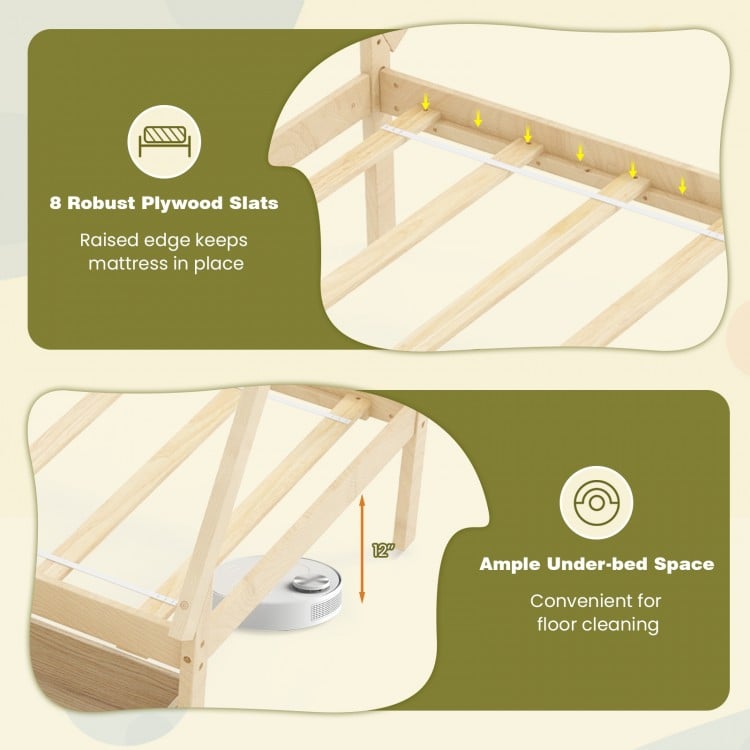 Twin Size Wooden Tent Platform House Bed with 2 Drawers-Natural