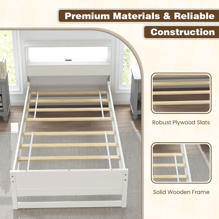 Twin Size Bed Frame with Storage Headboard and Charging Station-White