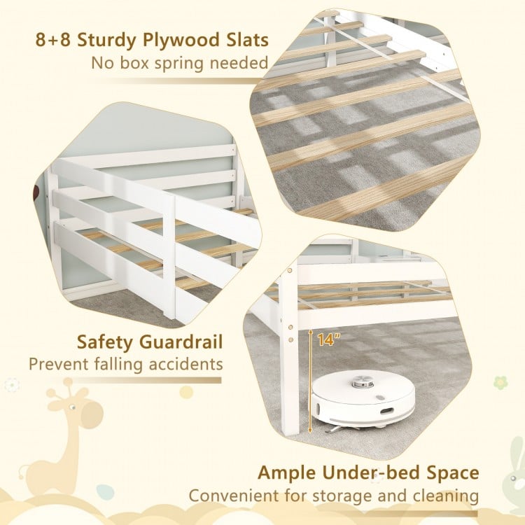 Double Twin Size Wooden Bed Frames with Built-in Table for Kids-White