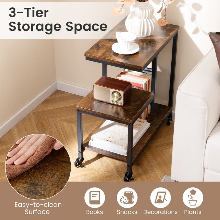 G-shaped Side Table 3-Tier Mobile End Table with Open Shelves-Rustic Brown