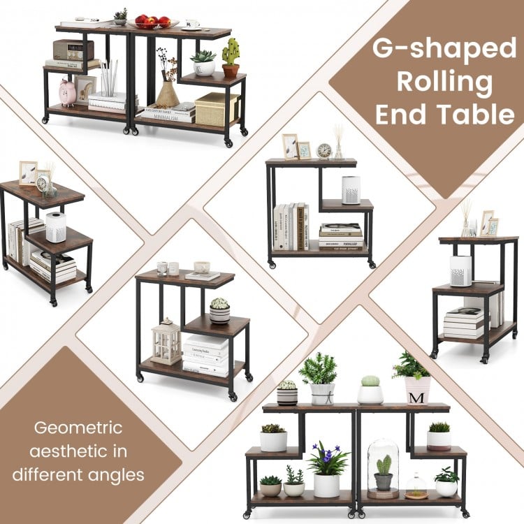 G-shaped Side Table 3-Tier Mobile End Table with Open Shelves-Rustic Brown