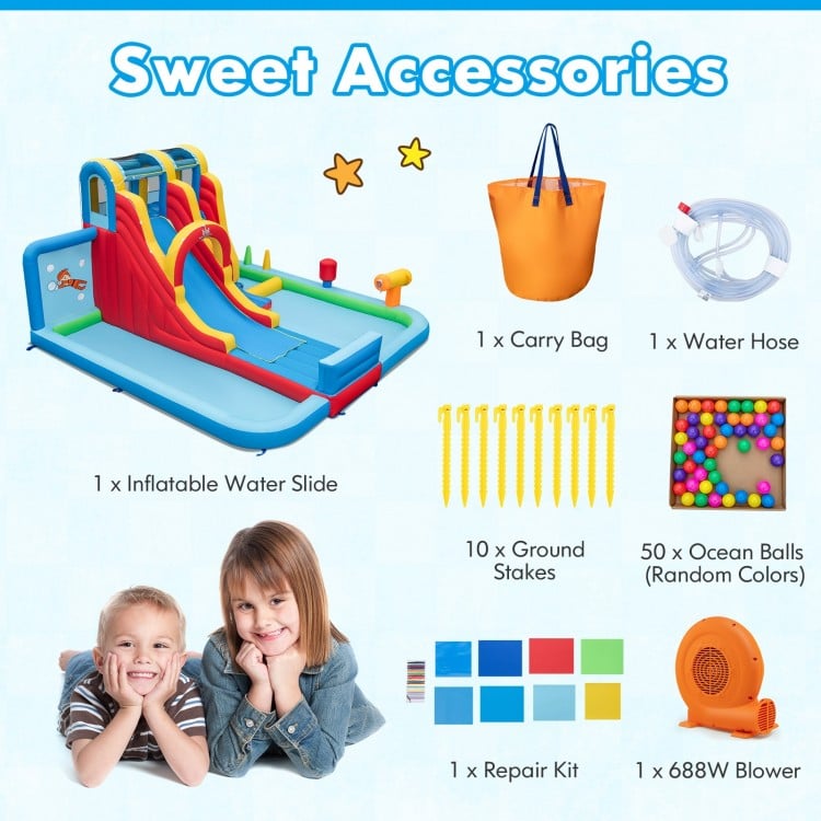 Inflatable Water Slide Water Park with Long Slide and Splash Pools and Ball Pit with 680W Blower
