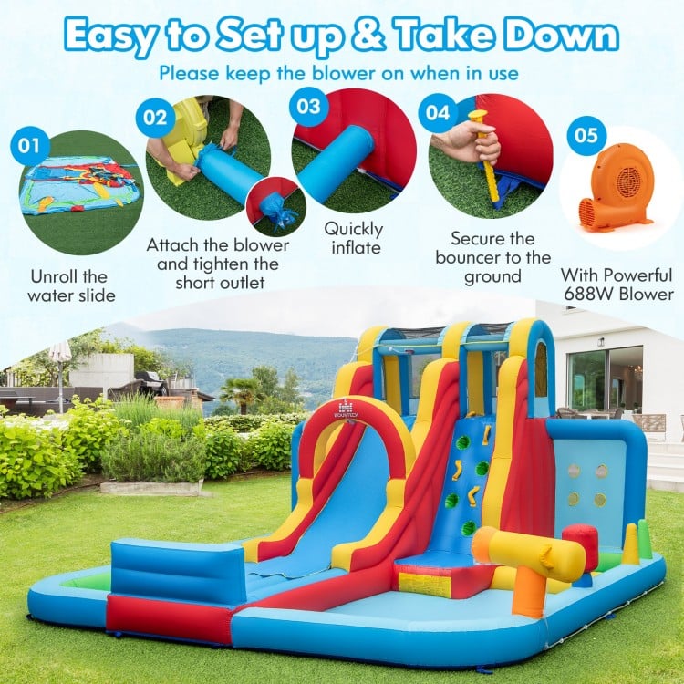 Inflatable Water Slide Water Park with Long Slide and Splash Pools and Ball Pit with 680W Blower