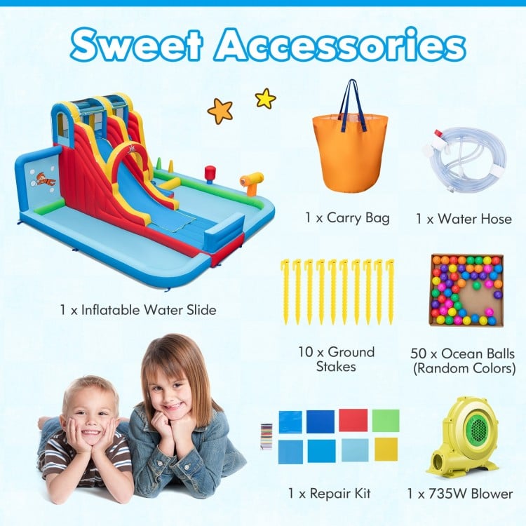 Inflatable Water Slide Water Park with Long Slide and Splash Pools and Ball Pit with 735W Blower