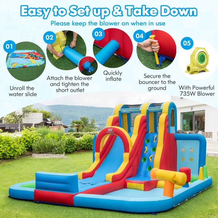 Inflatable Water Slide Water Park with Long Slide and Splash Pools and Ball Pit with 735W Blower