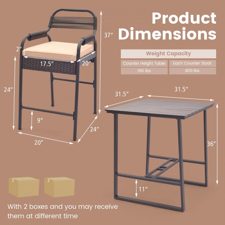 5 Piece Rattan Counter Set with 4 Stools and Polywood Bar Table-Brown