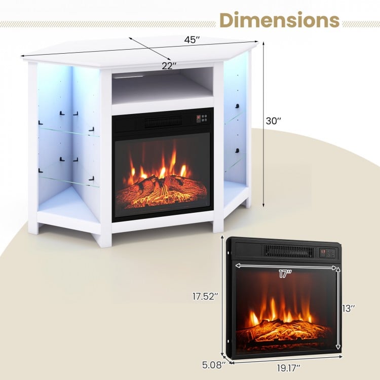 Fireplace Corner TV Stand with LED Lights and Smart APP Control for 50 Inches TV-White