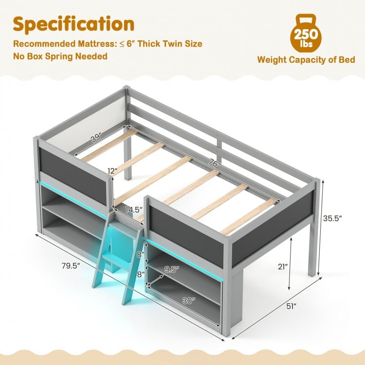 Low Loft Bed with LED Lights Kid's Cabin Bed with Bookcases-Gray
