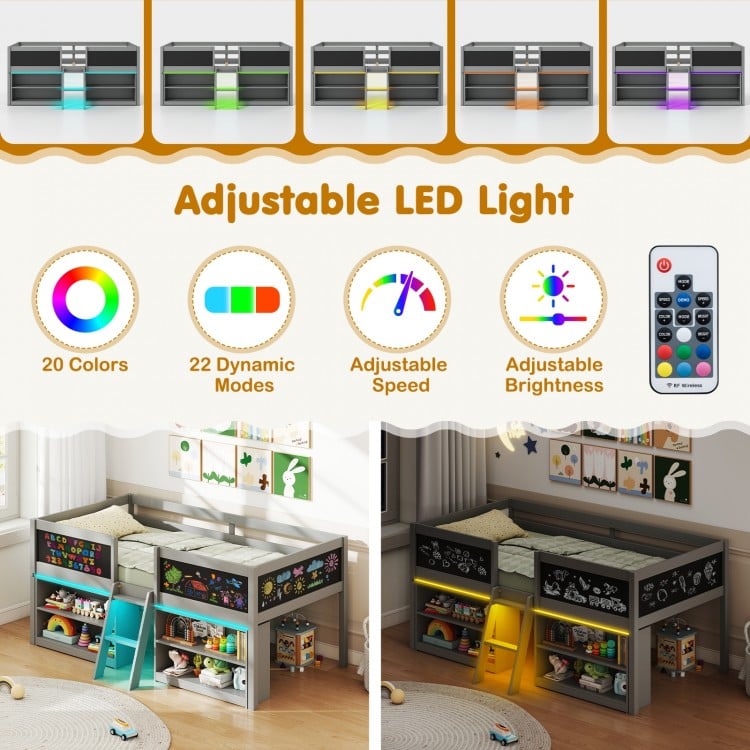 Low Loft Bed with LED Lights Kid's Cabin Bed with Bookcases-Gray