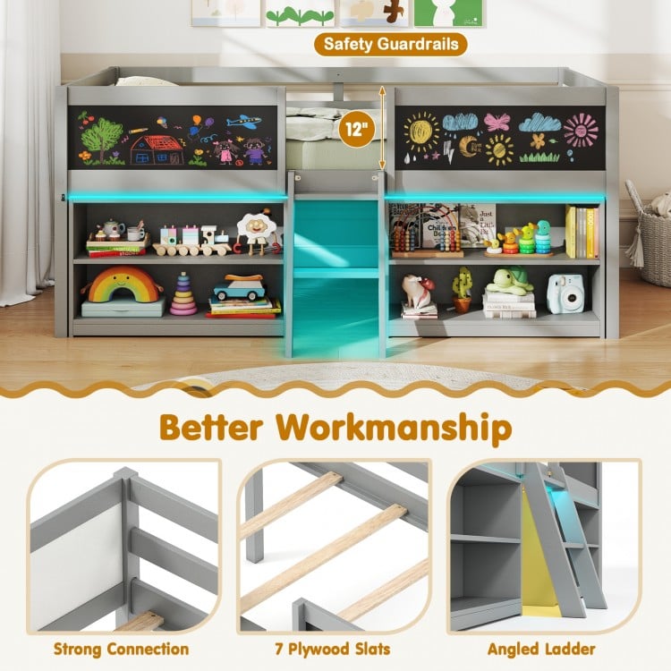 Low Loft Bed with LED Lights Kid's Cabin Bed with Bookcases-Gray