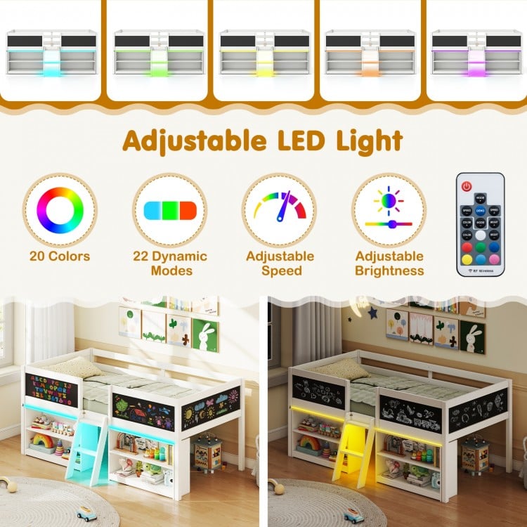 Low Loft Bed with LED Lights Kid's Cabin Bed with Bookcases-White